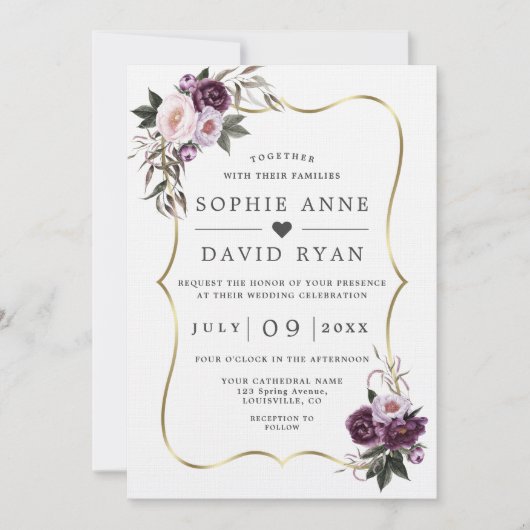 Paarse Blosem Bloemen Gouden All In One Trouw Kaart (Voorkant)