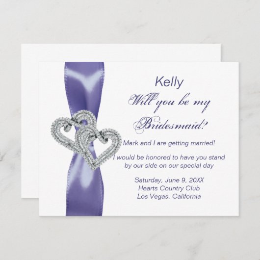 Paarse Blue Diamond Hearts Bridesmaid Kaart (Voorkant / Achterkant)