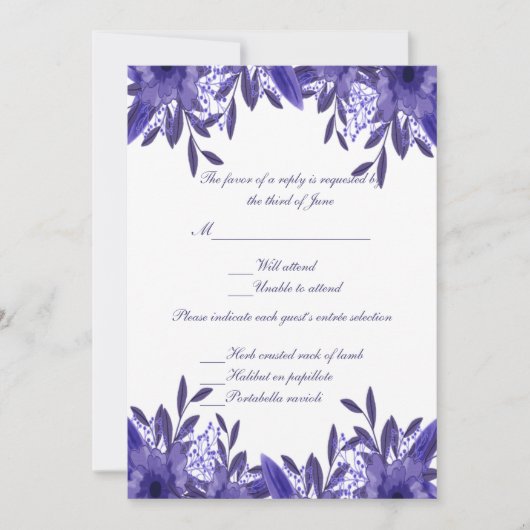 Paarse Blue Floral Foliage Wedding Response Kaart (Voorkant)