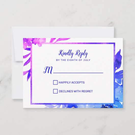 Paarse Blue Floral Ombre Waterverf Wedding RSVP Kaartje (Voorkant)