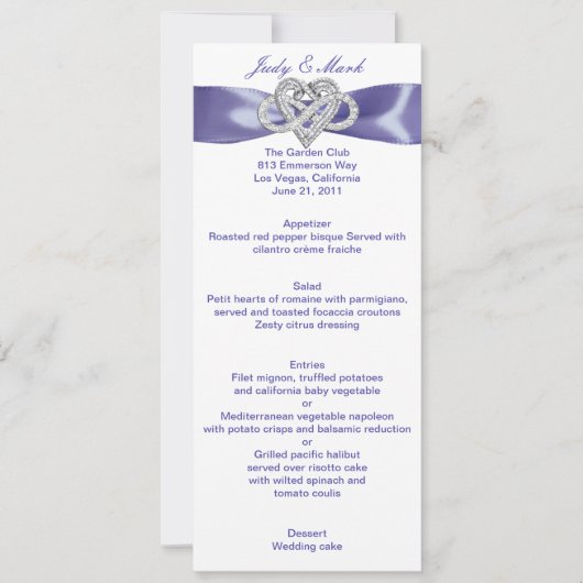 Paarse Blue Infinity Heart Wedding Menu Kaart (Voorkant)