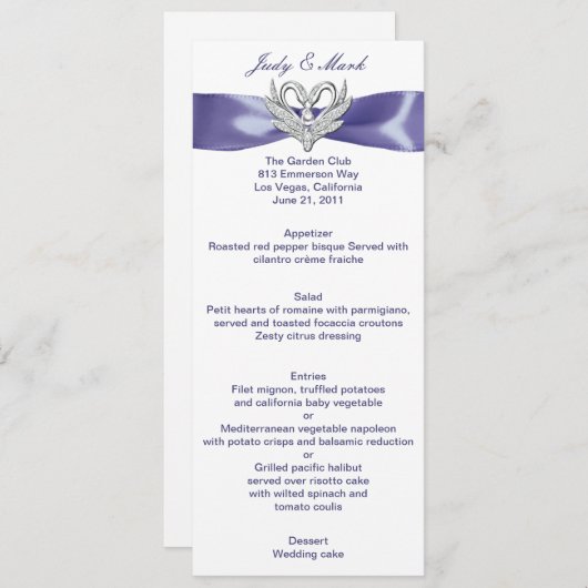 Paarse Blue Silver Swans Wedding Menu Kaart (Voorkant / Achterkant)
