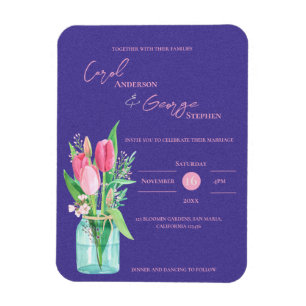Paarse & Blush Bloemen Mason Jar Huwelijksuitnodig Magneet