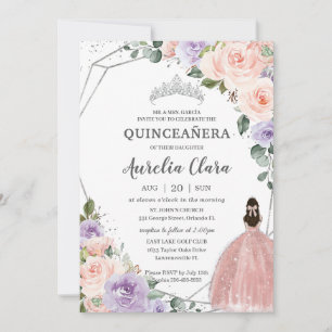 Paarse Blush Bloemen Roos Jurk Silver Quinceañera Kaart