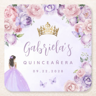 Paarse Blush Bloemige Quinceañera Vierkante Kartonnen Onderzetter