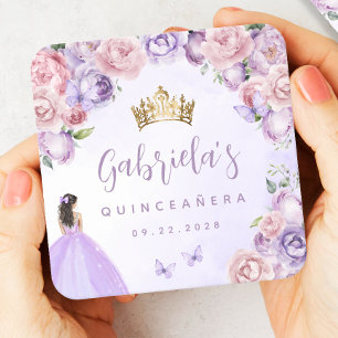Paarse Blush Bloemige Quinceañera Vierkante Kartonnen Onderzetter