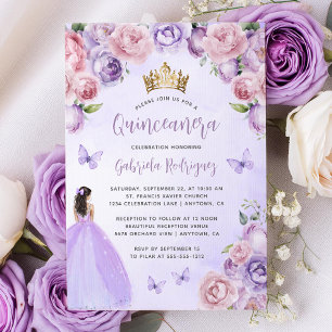 Paarse Blush Bloemige Waterverf Quinceañera Kaart