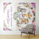 Paarse Blush Oerwoud Safari Animals Happy Birthday Wandkleed (In Situ (horizontaal))
