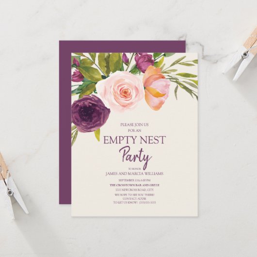 Paarse Blush Pink Floral Empty Nest Party Kaart (Voorkant / Achterkant in situ)