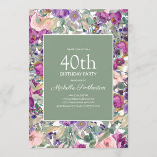 Paarse Blush Pink Floral Sage Green 40th Birthday Kaart
