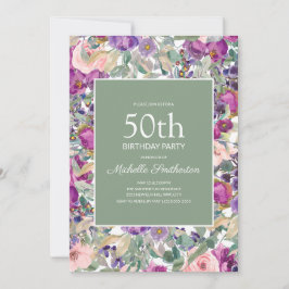 Paarse Blush Pink Floral Sage Green 50th Birthday Kaart