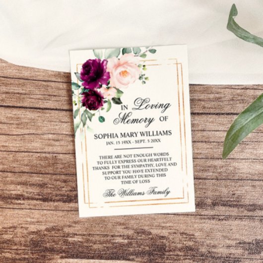 Paarse & Blush Pink Rose Sympathy Memory Bedankkaart