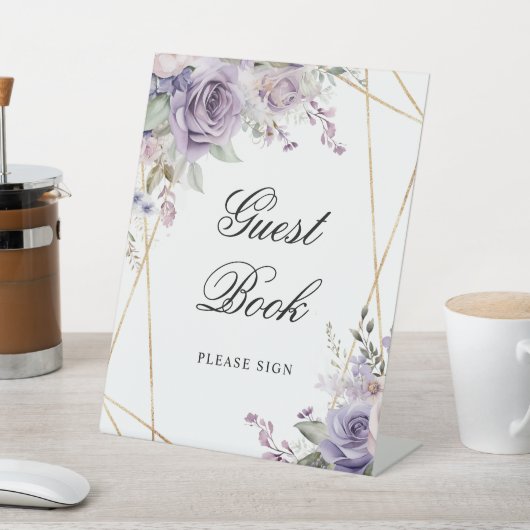 Paarse & Blush Roos Bloemen Douche Gastenboek Sign Reclamebord Met Voetstuk (Insitu)
