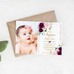 Paarse & Blush Roos Bloemen Foto Meisje Doop Kaart