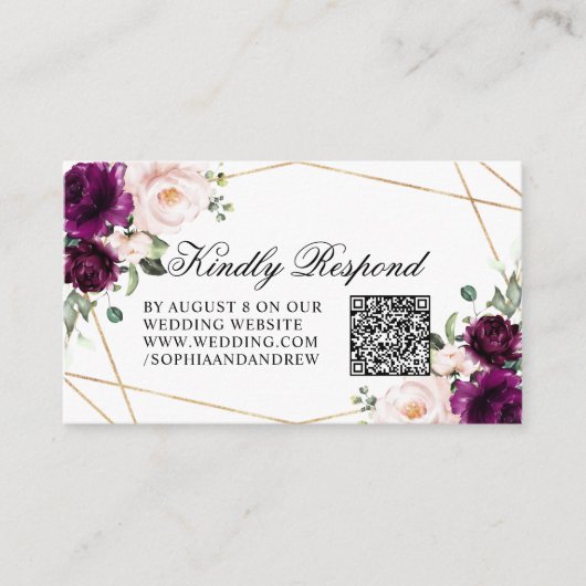 Paarse & Blush Roos Bloemen Huwelijk QR Code RSVP Informatiekaartje (Voorkant)