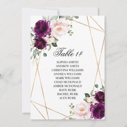 Paarse & Blush Roos Bruiloft Zitkaarten Kaarten (Voorkant)