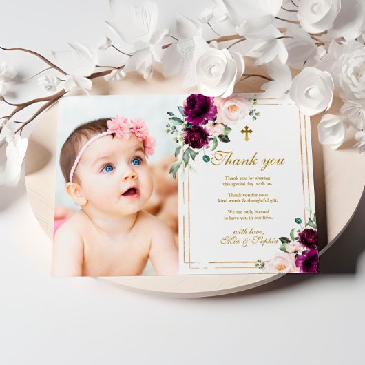 Paarse & Blush Roos Foto Doop Dank u Kaart