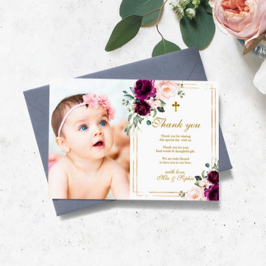 Paarse & Blush Roos Foto Doop Dank u Kaart