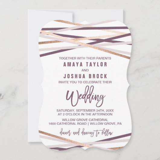 Paarse Blush & Roos Gold Streamers Bracket Weddens Kaart (Voorkant)