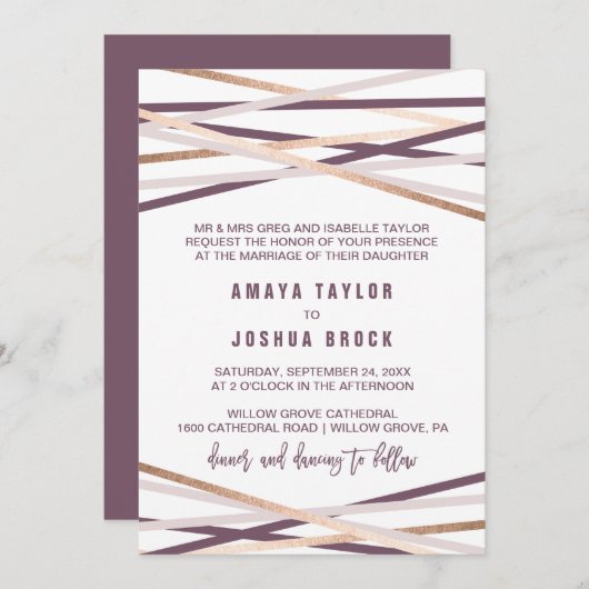 Paarse Blush & Roos Gold Streamers Kaart (Voorkant / Achterkant)