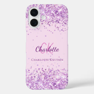 Paarse blush roze confetti monogram naam iPhone 16 hoesje