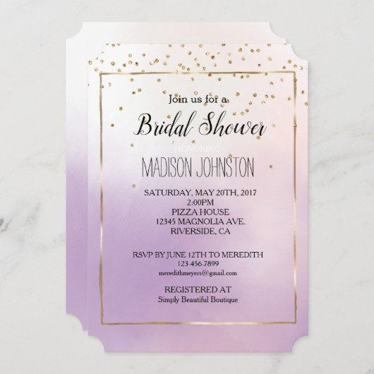 Paarse Blush Roze Mist Romantisch Gouden Confetti Kaart (Voorkant / Achterkant)