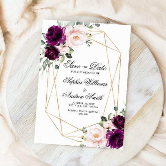 Paarse & Blush Roze Rose Bewaar de datum Kaart