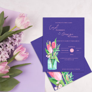 Paarse & Blush Tulp Mason Jar bruiloft uitnodiging