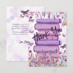 Paarse Boek Stapel Wilde Bloemen Vlinders Script Bedankkaart
