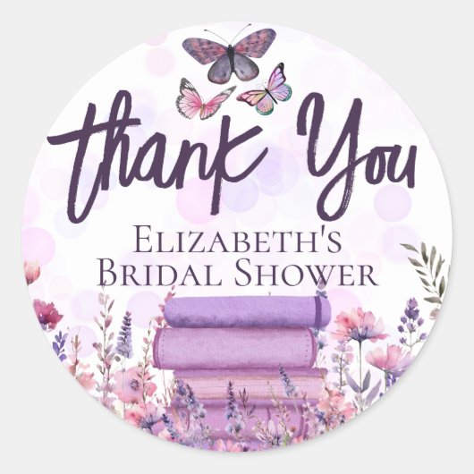 Paarse Boek Stapel Wilde Bloemen Vlinders Script Ronde Sticker (Voorkant)