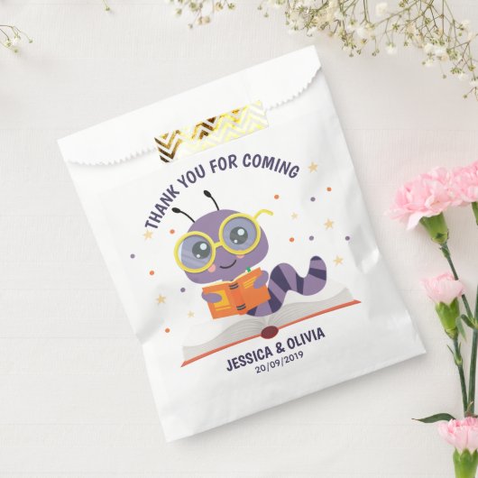 Paarse boekworm Theme Favor Bag Bedankzakje (Gezegeld)