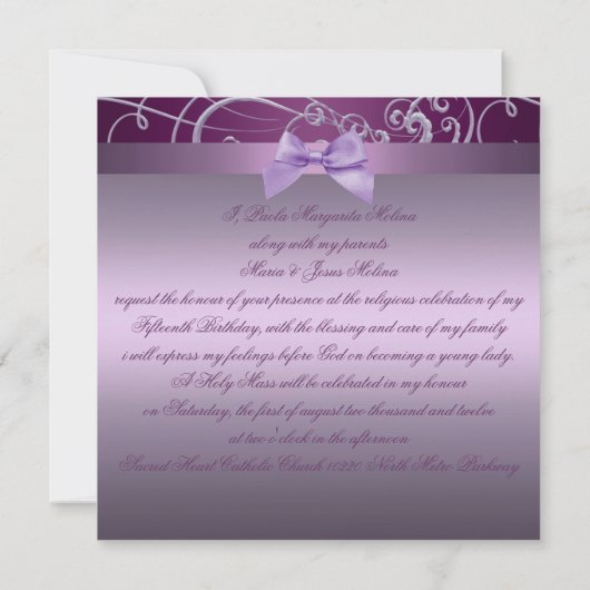 Paarse bogen en werveling Quinceañera uitnodiging (Achterkant)