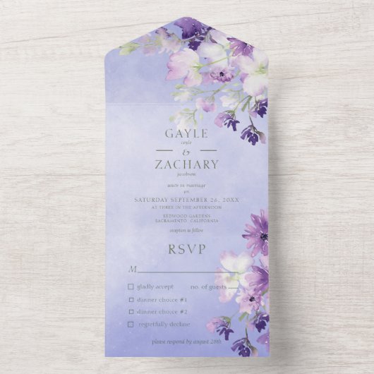 Paarse Boho Bloemen Paarse Diner All In One Uitnodiging (Binnen)