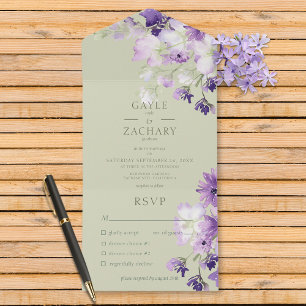 Paarse Boho Bloemen Salie Groen Diner All In One Uitnodiging