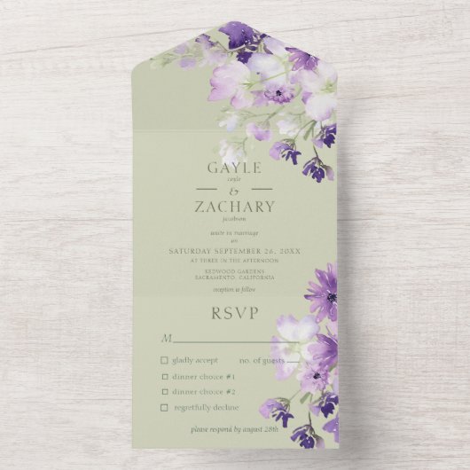 Paarse Boho Bloemen Salie Groen Diner All In One Uitnodiging (Binnen)