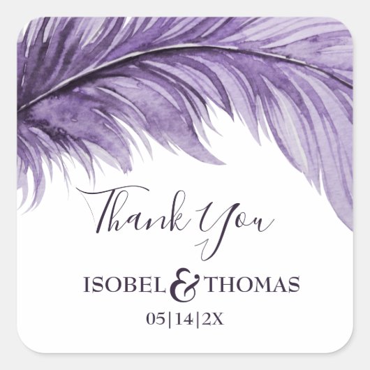 Paarse Boho Feather Elegant Wedding Dank je Vierkante Sticker (Voorkant)