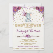 Paarse Boho Floral Elephant Baby shower Uitnodigen Kaart (Voorkant)