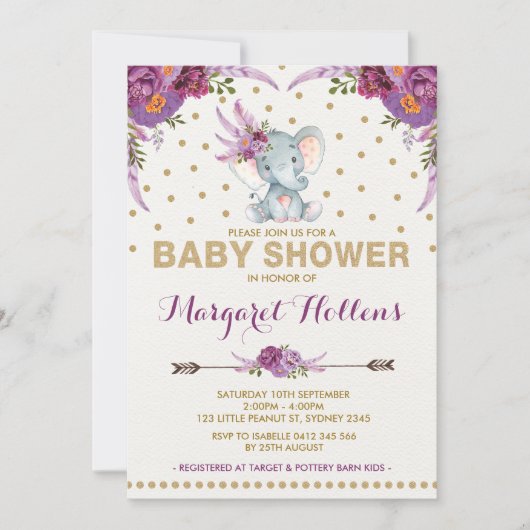 Paarse Boho Floral Elephant Baby shower Uitnodigen Kaart (Voorkant)