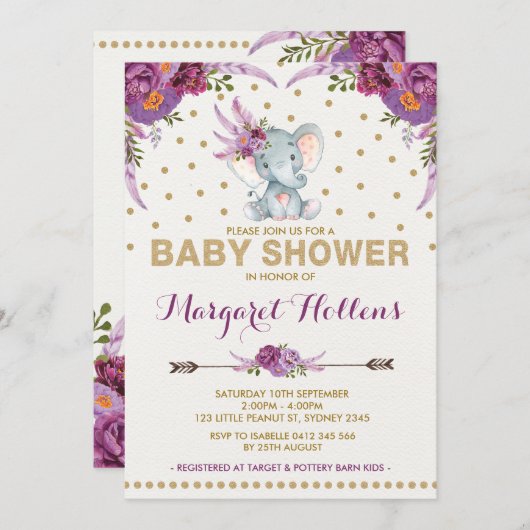 Paarse Boho Floral Elephant Baby shower Uitnodigen Kaart (Voorkant / Achterkant)