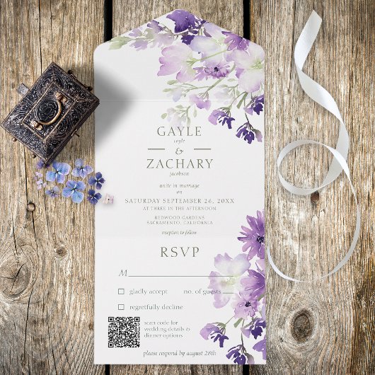 Paarse Boho Floral White QR Code All In One Uitnodiging