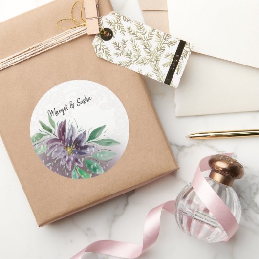 Paarse Boho Lotus Waterverf Kant Ronde Sticker (Geschenken)