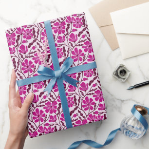 Paarse Boho Midden Jaren 60 Moderne Bloemmotief Cadeaupapier