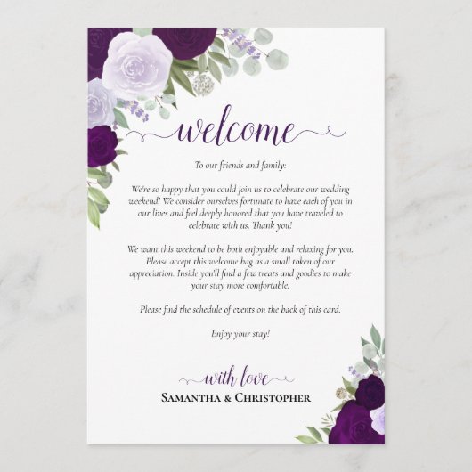 Paarse Boho Rozen Bruiloft Welkom & Routebeschrijv Programma (Voorkant)