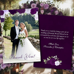 Paarse Boho Rozen Foto Overlay Elegante Trouwdag Bedankkaart