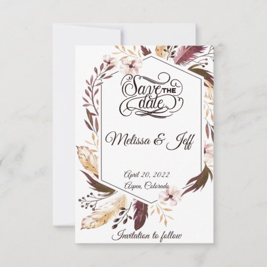 Paarse boho veren slaan de datum op save the date (Voorkant)