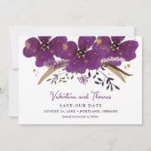Paarse Boho Waterverf Flowers Bewaar de datum Kaart (Voorkant)