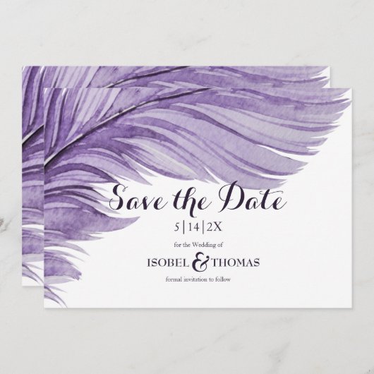 Paarse Boho Waterverf Whimsical Feather Wedding Save The Date (Voorkant / Achterkant)