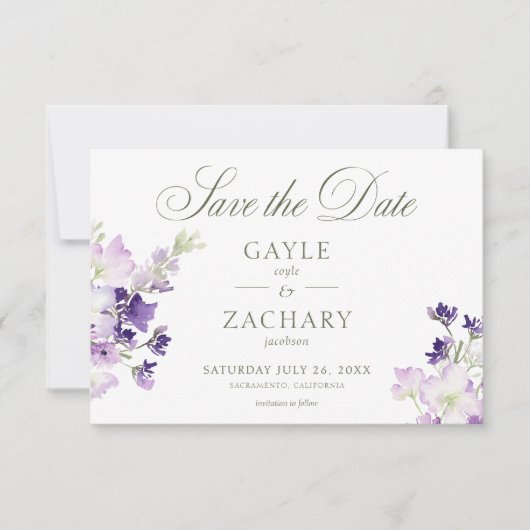 Paarse Boho Wildflowers Witte bruiloft Save The Date (Voorkant)