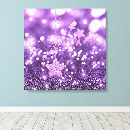 Paarse Bokeh Faux Glitter & Stars Canvas Afdruk (Insitu (Houten vloer))