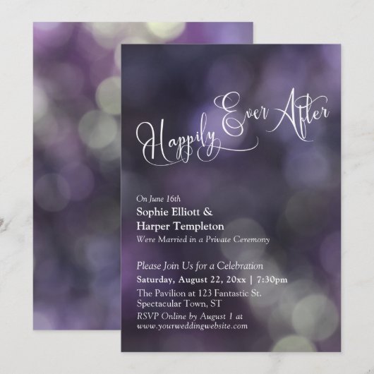 Paarse Bokeh Licht "Happily Ever After" Typografie Kaart (Voorkant / Achterkant)
